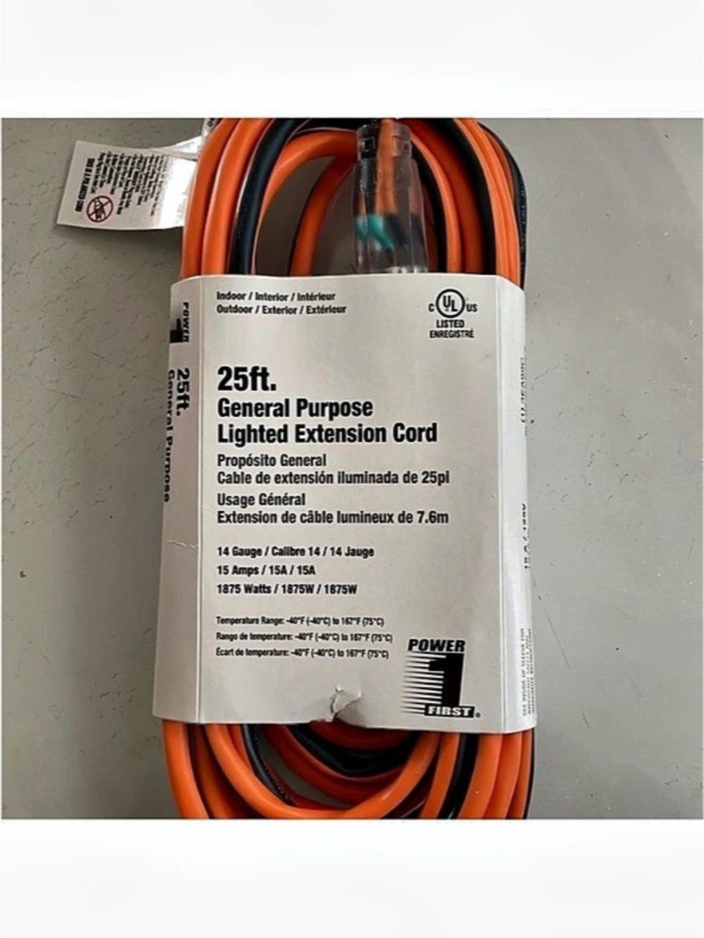 Power First 25ft General Purpose Lighted Extension Cord Orange